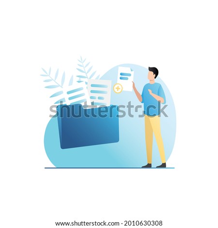 Vector man adds file to large folder, archive. Management, organization of documents in repository. Paperwork. Office worker with papers, reports.