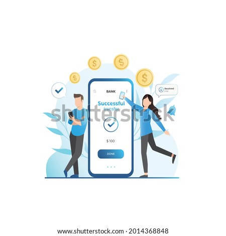 Girl in smartphone transferred, sent money, coins, cash to electronic account on Internet to man. Banking services on web site. Successful transaction. Refill. Guy made profit in finance, budget. Сток-фото © 