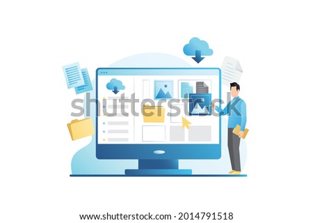 Guy browses, downloads, uploads saved files, data in cloud storage, archive. Vector man sorts, goes through data, documents in yellow folder on computer on Internet. Yellow arrow cursor in monitor.
