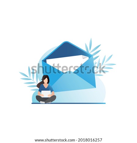 Girl reads delivered letter on paper, received new message from large open envelope with documents. Vector woman is texting, communicating by mail. Post service.
