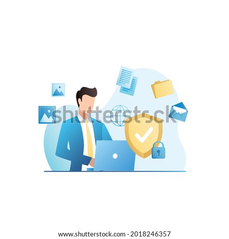 Vector man works safely in laptop with shield, padlock. Protection of data, personal information, documents, correspondence on Internet, yellow folder. Antivirus, security program.
