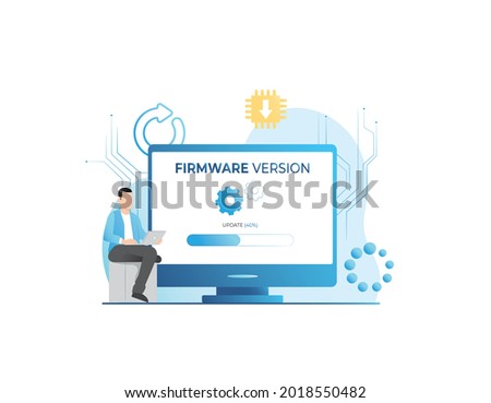 Man in laptop updates operating system, configures new firmware version with percentage bar on screen. Setting up computer with gears, plugins. Internet programming, software installation.