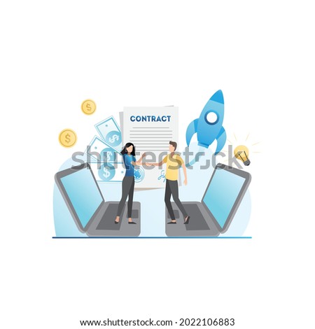 People met, shake hands on laptops during successful transaction, signing money contract for investing in new project, startup, or profitable idea. Electronic agreement. Deal. Affiliate system.
