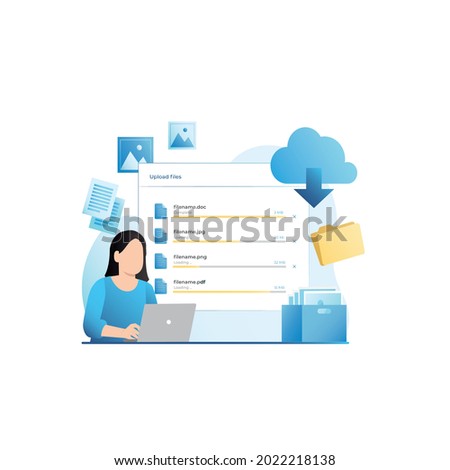 Woman in laptop uploads files, documents, illustrations, pictures from yellow folder to cloud storage. Saving information, data on Internet with download bar. Archive. Backup.