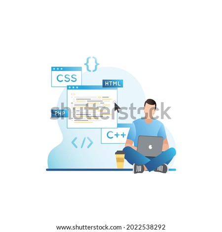 Man with laptop writes html, css, php code in brackets. Programmer with glass of coffee develops website, project, system, application, program in special windows, form, fixes errors on Internet.