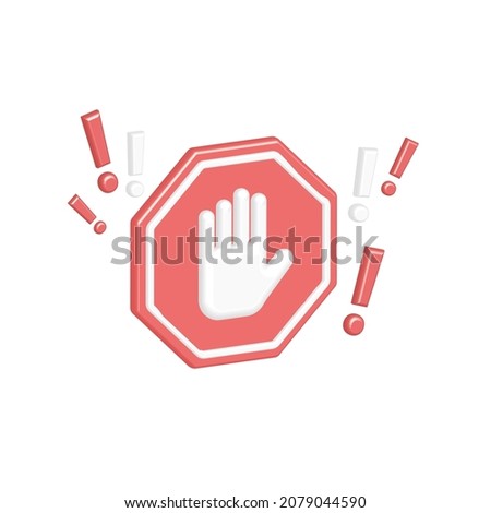 Realistic, red, negative 3D stop sign with voluminous, open hand, palm in octagon. Alarm, prohibition. Hazard warning, restrictions with vector, exclamation marks on internet.