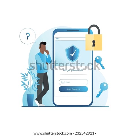 Vector man forgot password from mailbox, email, personal page on social networks. Tiny guy in smartphone with online lock restores account, remembers access key. Internet data protection.