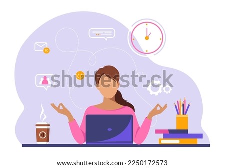 Calm young woman relaxing meditating with laptop, no stress free relief at work concept, mindful businesswoman  practicing breathing yoga exercises at workplace, office meditation.

