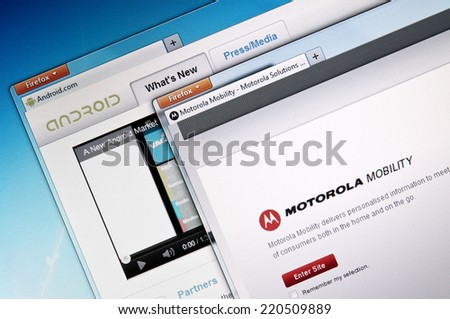 Budapest, Hungary - August 18, 2011, Close up image of Android`s and Motorola`s websites. On august 15, 2011 Google Inc. announced that it is acquiring Motorola Mobility.