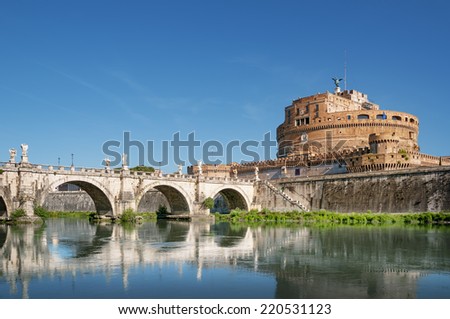 Saint Angel Castle, Saint Angel Bridge and  River Tiber in Rome, Italy.