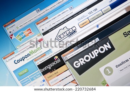 Budapest, Hungary - July 28, 2011: Selection of major Deal-of-the-day companies web sites. Including :Coupons.com, CouponMom!, Coupon Cabin, Livingsocial and Groupon