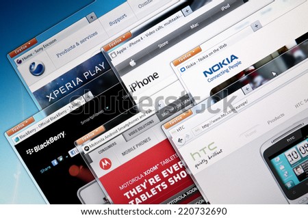 Budapest, Hungary - July 28, 2011:Selection of the major mobile phone manufacturing companies web sites. Including: Sony-Ericson, Iphone, Blackberry, Nokia, Motorola and Htc