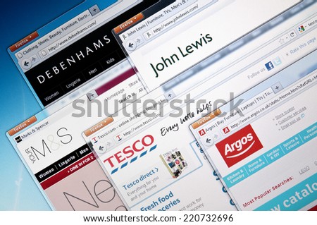 Budapest, Hungary - July 28, 2011: Selection of UK`s largest retailer`s web sites. Including : Debenhams, Marks and Spencer, John Lewis, Tesco, Argos