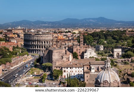 Colosseum, Rome - Italy. Ariel view of Rome: including the Colosseum and Roman Forum.