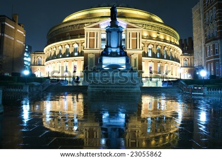 Royal Albert Hall at night .The Royal Albert Hall reflection on the wet floor