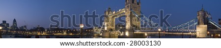 HUGE-Evening panorama of Central London, icluding famous landmarks as Tower bridge, The tower of London and the Gherkin.