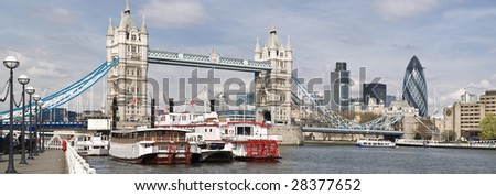 Panoramic picture of Tower Bridge and City of London.++Stitched from multiple images++