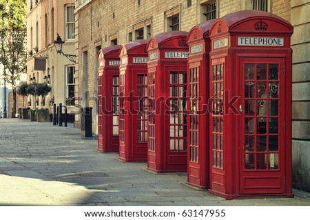 Traditional old style UK red phone boxes in London.