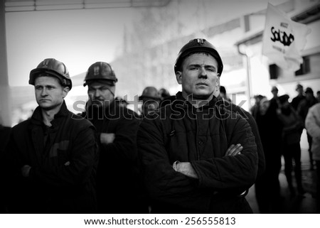 OMONTOWICE, POLAND - FEBRUARY 3, 2015: The Protest Action-of strike of Silesian miners and labor unionists at KWK Budryk against the liquidation of the mine on Silesia.
Omontowice, Silesia, Poland