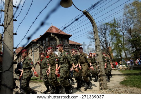 OSWIECIM, POLAND - APRIL 16, 2015: Holocaust Remembrance Day next generation of people from the all the world meets on the March of the Living in   German death camp in Auschwitz Birkenau, in  Poland