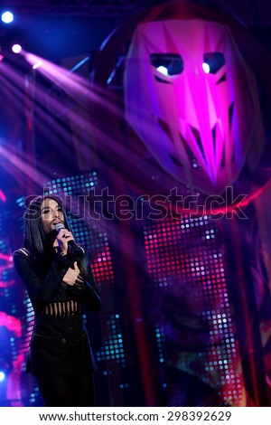 KIELCE, POLAND - JUNE 27: Austrian cross-dressing diva Conchita Wurst  sings at a concert in Kiellce, Poland on Saturday June 27 , 2015