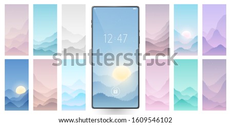 Smartphone wallpapers set. Abstract backgrounds. Smartphone vector mockup. Smartphone wallpapers. Mountain landscapes collection. Graphic silhouettes of hill tops covered with fog.