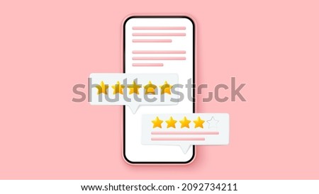 Smartphone with customer feedback. Stars customer review 3d vector. Website or application quality service client feedback. Speech bubble, text message, social media comment.
