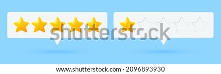 Message bubbles with stars rating vector. 3d stars customer review, quality service. Game rate or score. Customer feedback concept. Website or smartphone application client feedback. Foto stock © 