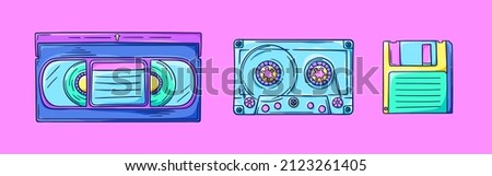 Floppy disk, audio cassette and videotape illustration. Retro diskette, music and video cassettes. Retro storage technology. 90s style vector. Nostalgia for the 90s.