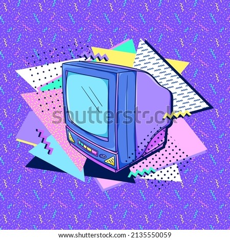 TV 90s style poster. Retro television. Retro color TV set. Movie night. Retro technology. 1990s trendy illustration. Nostalgia for the 90s.