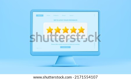 Computer 3d vector. Computer screen with customer feedback. Five stars customer review 3d. Website or application quality service feedback. Social media comment. Client feedback, online shoping.