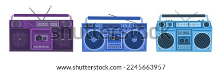 Boombox illustration. Cassette player. Retro cassette recorder. Music player. 90s style boombox vector. 1990s, 2000s technology. Nostalgia for the 90s.