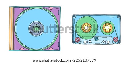 Audio cassette and CD disk doodle. 2000s audio cassette. Y2k trendy illustration. Cassette and CD disk for boombox. Millennial childhood technology. 90s and 2000s.