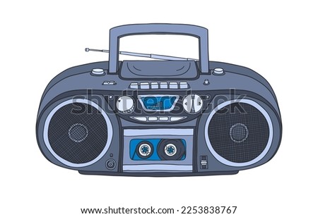 Boombox doodle. 2000s boombox. Y2k trendy illustration. Cassette music player. CD disk player. Millennial childhood technology. 90s and 2000s.
