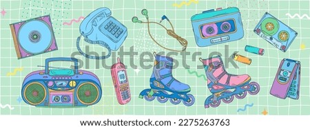 2000s doodles set. Y2k doodle. 90s, 2000s, Y2k vector. Boombox, audio cassette player, CD disk. Roller skates. Retro mobile phone. Nostalgia for the 90s.