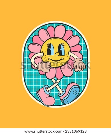 Flower character. Retro cartoon character. Flower sticker. Hippie patch badge. Vintage animation art. Groovy doodle. Vintage cartoon. 60s and 70s nostalgia.