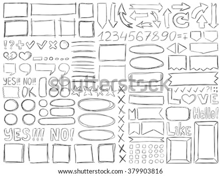 Pencil doodles effect. Simple doodling collection. Drawn symbols, numbers, arrows and frames set. Vector illustration. Line art signs and symbols.