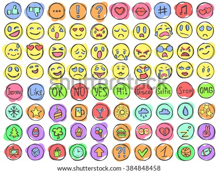Emoticons doodle set. Emoji collection. Avatars and smiles signs. Big set of 80 simple doodles. Colorful pencil effect. Isolated on white background. 