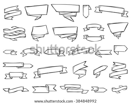 Ribbons doodle vector. Set of 28 doodle ribbons and labels. Pencil effect collection. Labels and signs. Big set of doodles. Pencil effect. Isolated on white background. 