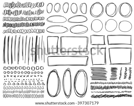 Doodle lines and curves vector. Set of simple doodle lines, curves, frames and spots. Pencil effect collection. Doodle borders. Set of simple doodles. Pencil effect sketch isolated on white.