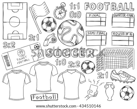 Football doodles set. Soccer pencil effect sketches. European football theme sport elements. France soccer. Football championship. Football doodles. Brazil football. Doodles set. Soccer doodles.