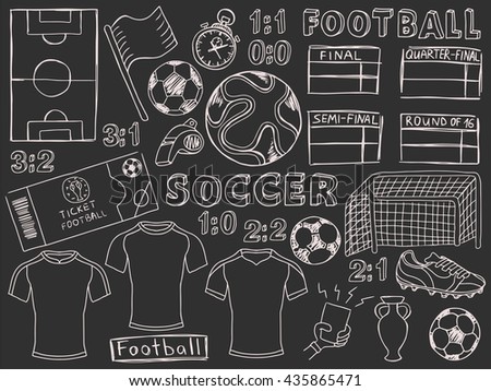 Foodball doodles set. Soccer pencil effect sketches. European football theme sport elements.