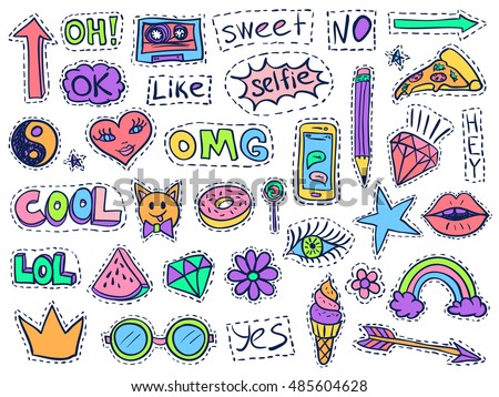 Patch badges set. Doodle sketch vector. Comic stickers with words, lips, rainbow, ice cream, hearts, glasses, arrow and diamonds. Social media funny badges. College fashionable pins.