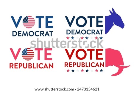 Vector set of vote democrat republican badge button banner pin. United States of America presidential election day 2024. Collection of American style, color, design. Donkey elephant political party, l