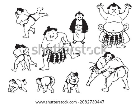Sumo wrestler's illustration line drawing set
