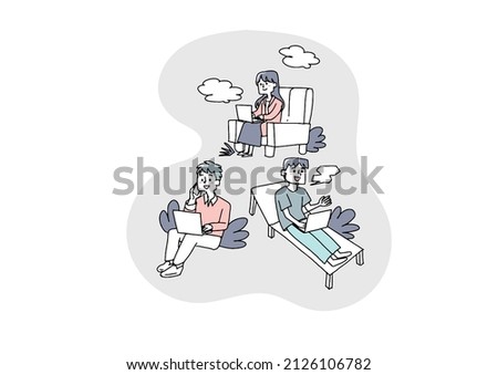 People who work in free places Comical handwritten person illustrations Vector line drawings with simple coloring White background