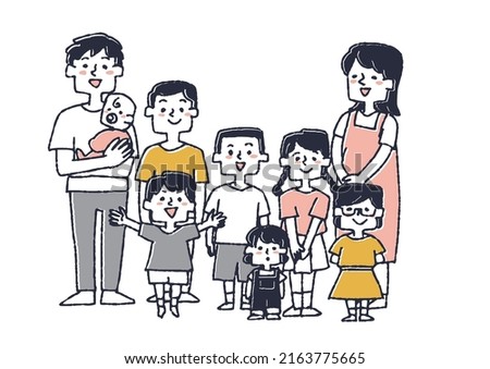  A large family with many children, a comical handwritten person vector, a warm line drawing