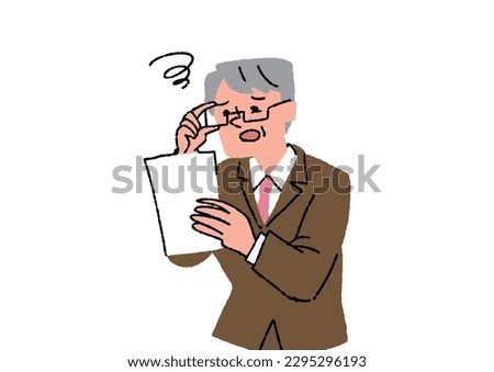 Senior man who can't see the letters on documents Illustration about asthenopia and eye disease