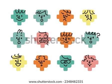 Illustration set of faces with various expressions made of flat shapes and lines