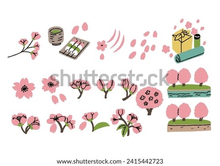 Hand-drawn illustration set of cherry blossoms in spring